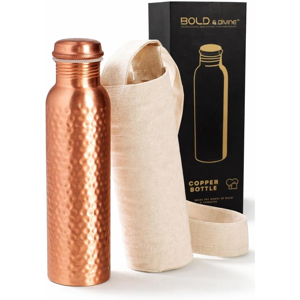 Bold & Divine Premium 32oz ขวดน้ําค้อนทุบทองแดงบริสุทธิ์สําหรับดื่ม - ประโยชน์ด้านสุขภาพ - เรือน้ําท
