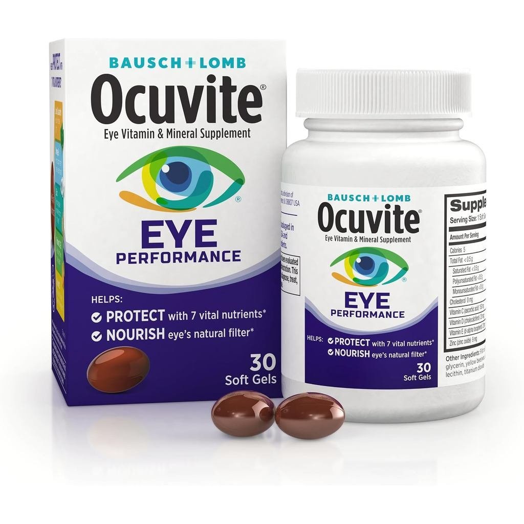 Ocuvite Eye Performance วิตามินและแร่ธาตุ, ลูทีนและซีแซนธิน, วิตามิน C, D, E, สังกะสี, และ Omega-3, 