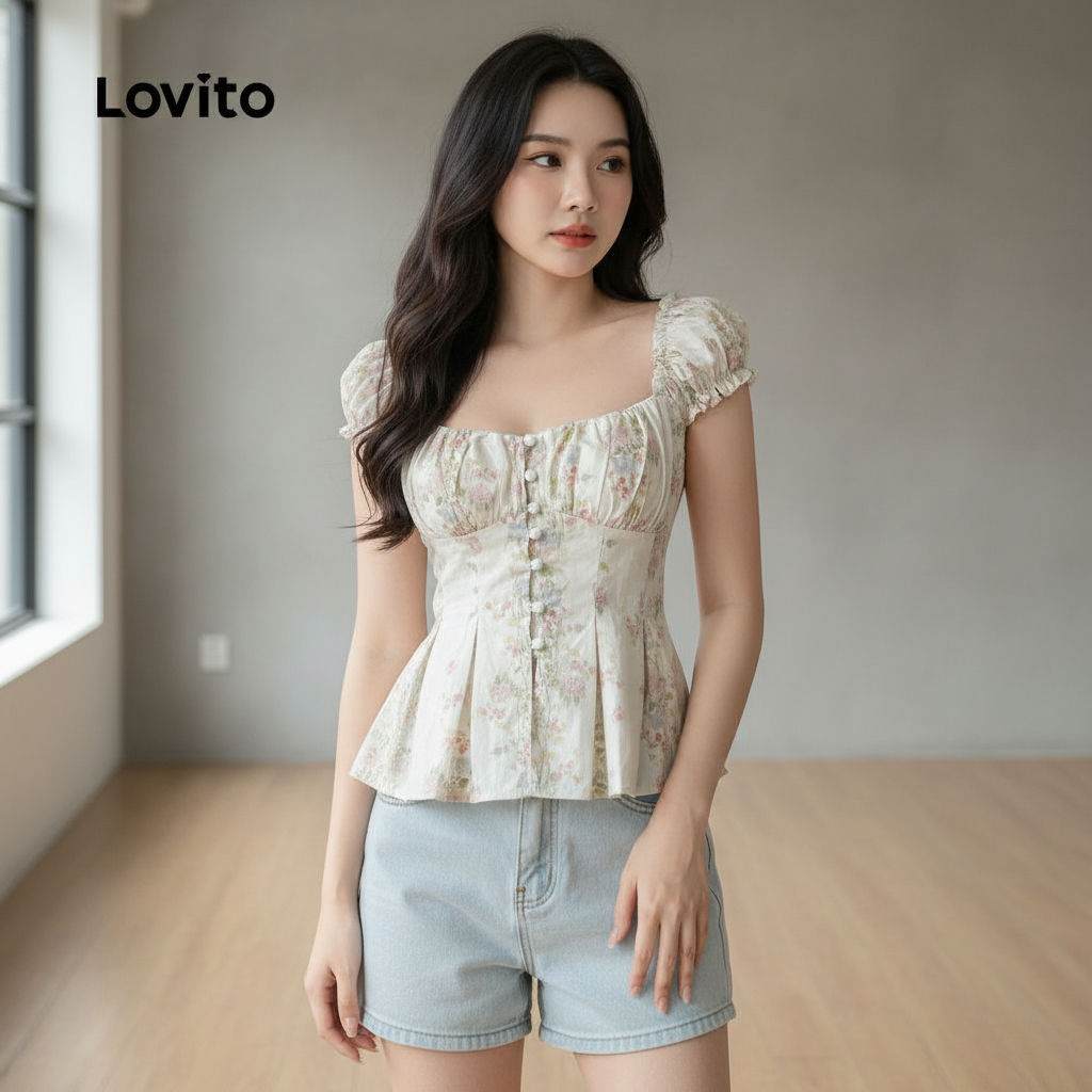 Lovito แคชชวล เสื้อเชิ้ตผู้หญิง ลายกระดุม แฟชั่นสําหรับฤดูใบไม้ผลิและฤดูร้อน เกาหลี อินเทรนด์ L171AD138