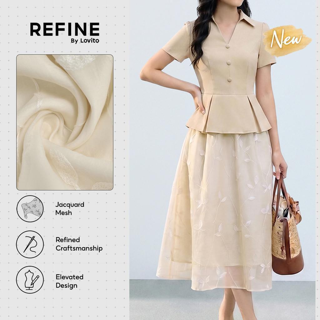 (New Arrival) (Refine by Lovito) เดรสผู้หญิง สีแอปริคอต ผ้าจั๊คการ์ด ตัดต่อผ้าสองชั้น ลายดอกไม้ ทรงบ