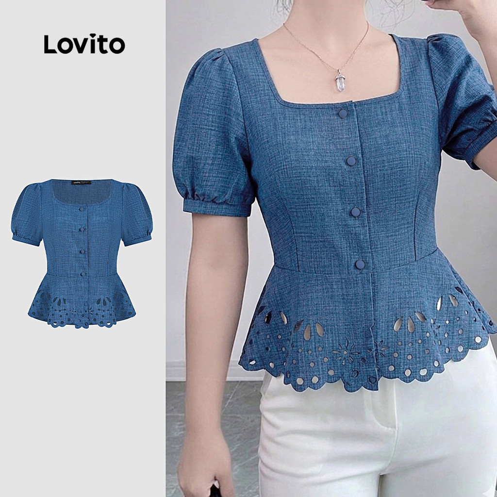 (New Arrival) Lovito เสื้อเชิ้ตเบลาส์ลําลองผู้หญิง แขนสั้น กระดุมหน้า ลายฉลุสําหรับฤดูใบไม้ผลิ/ฤดูร้อน สีฟ้า L195ED129