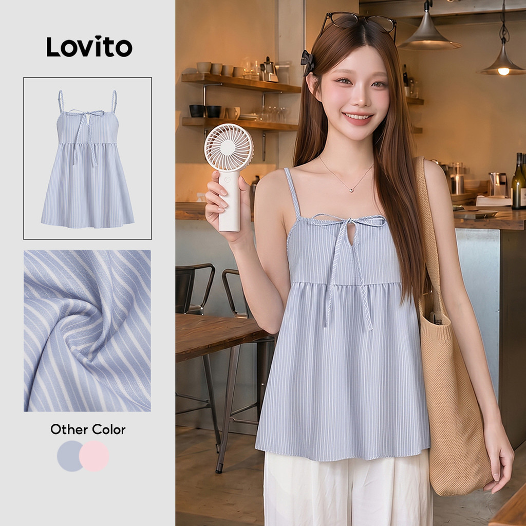 Lovito เสื้อแคชชวลเซ็กซี่ คอผูกด้านหน้า ทรงเรียบง่าย สไตล์แคชชวล สำหรับฤดูใบไม้ผลิ/ฤดูร้อน สีฟ้า สำหรับผู้หญิง เกาหลี อินเทรนด์ LK3AD092