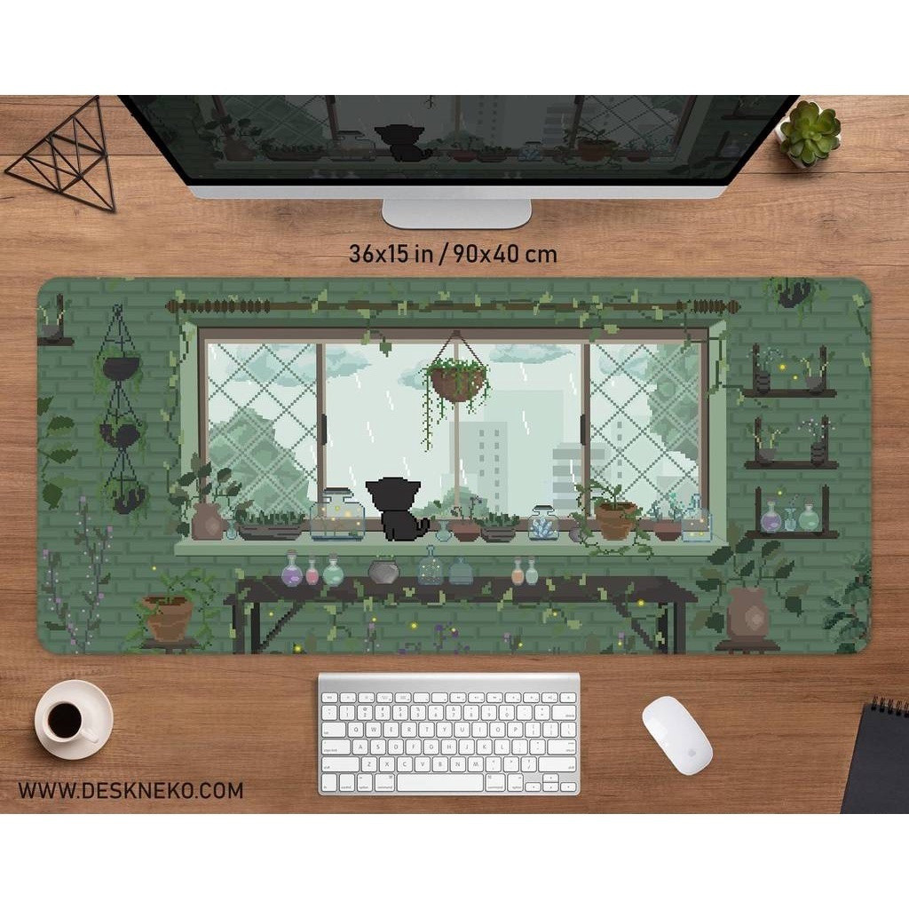 Jo-น่ารักสีเขียวโต๊ะ, Plant Lover Mousepad Pixel Art, 8bit Anime Lofi Aesthetic, Kawaii Sage Aesthet