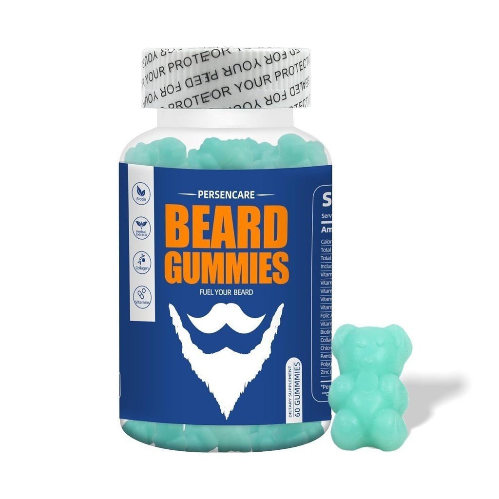 Men Beard Growth Gummies, 60 แคปซูลรสบลูเบอร์รี่ Gummies, บรรจุคอลลาเจน, 10K MCG Biotin, B12 และ Bea