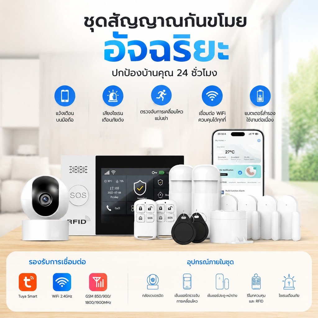 หน้าจอสัมผัสขนาด 4.3 นิ้ว WIFI + GSM tuya สมาร์ทไร้สายระบบสัญญาณกันขโมย Home Security ALexa Googleho