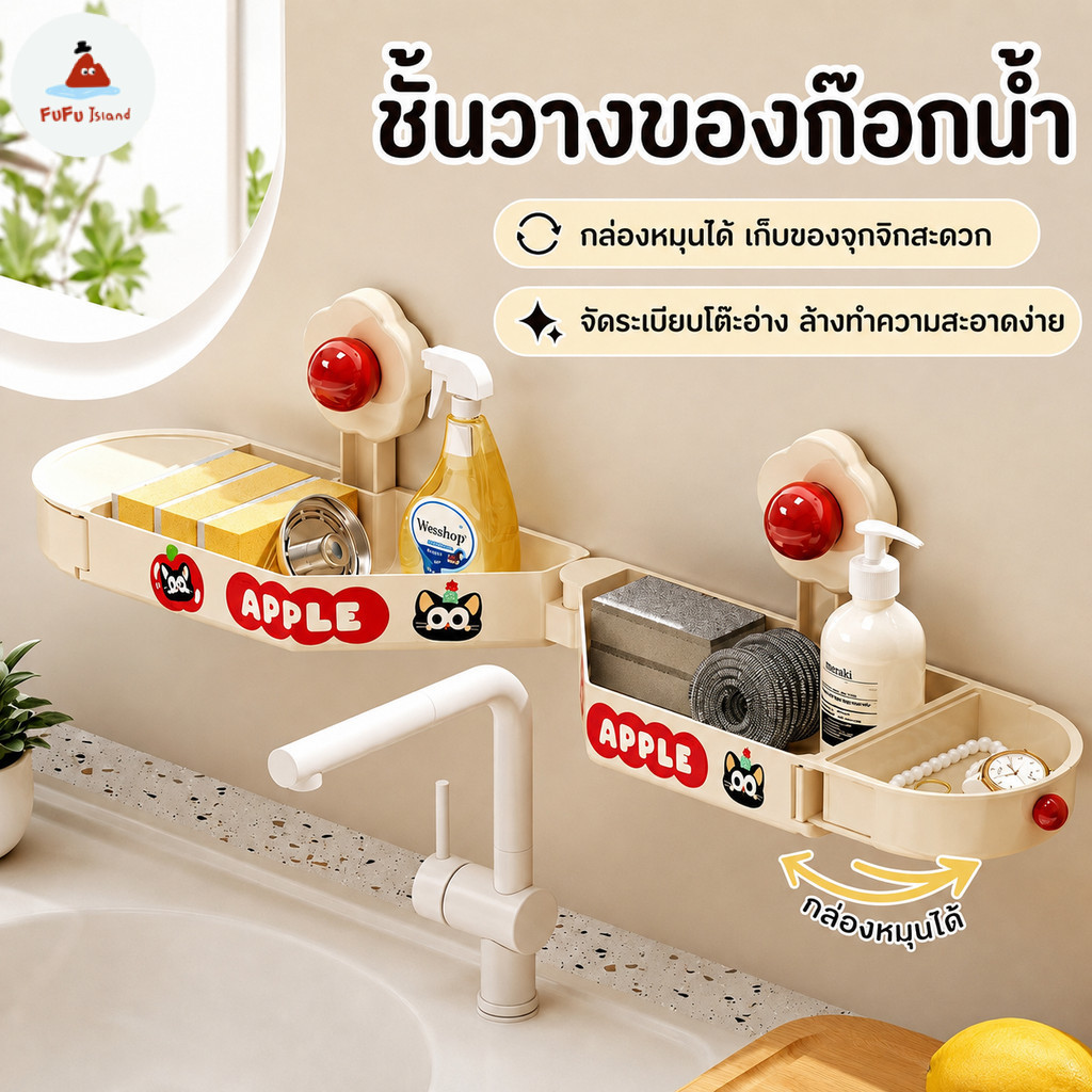 ชั้นวางของข้างก๊อกน้ำ ชั้นวางห้องน้ำ ชั้นวางเข้ามุมติดผนัง ไม่ต้องเจาะ หมุนได้ มีรูระบายน้ำ สไตล์โดพามีน