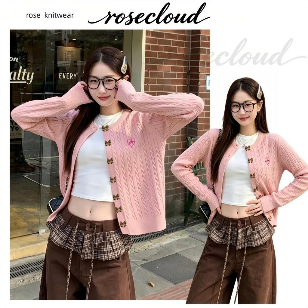 🌟ROSE🌟-16696เสื้อคาร์ดิแกนไหมพรมสีสันลูกกวาด กระดุมรูปโบว์สุดหรู นุ่มสบาย ทรงหลวม แต่งตัวได้หลายลุค