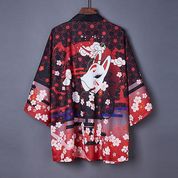 Japanese Kitsune Fox-Mask Haori Kimono Open-Front Cardigan, Casual Street-Style Outerwear