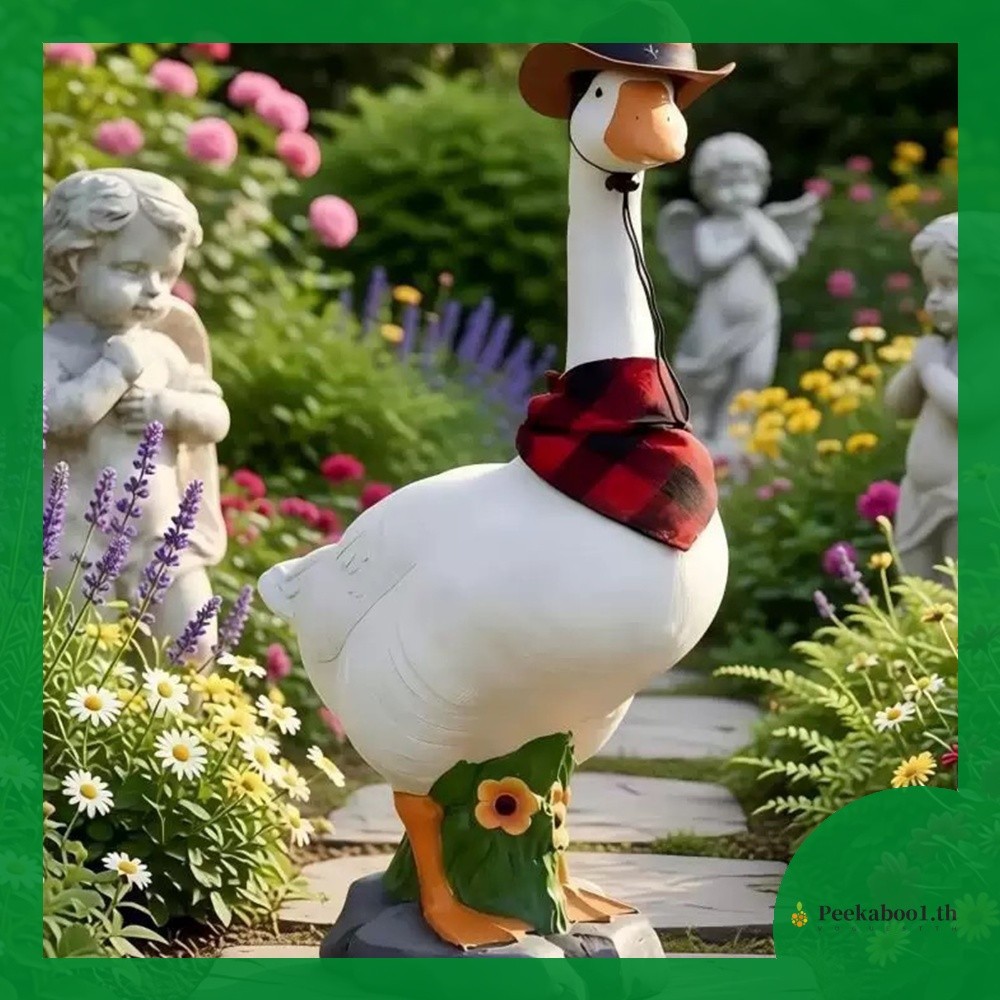 [Peekaboo1.th] Porch Goose Garden รูปปั้น 23 นิ้วสนามหญ้ากลางแจ้งเรซิ่น 360 หมุนได้คอทรายเติมฐาน [Pe