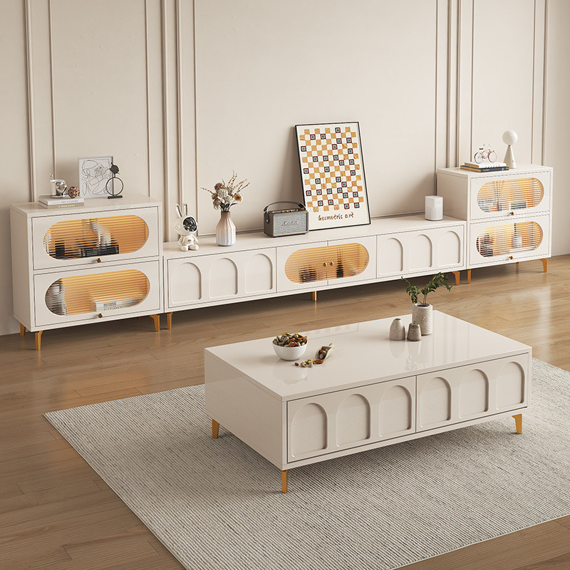 Creamy Style Solid Wood TV Cabinet Living Room TV Console Soft Close TV Cabinet Tv Media Storage Cab