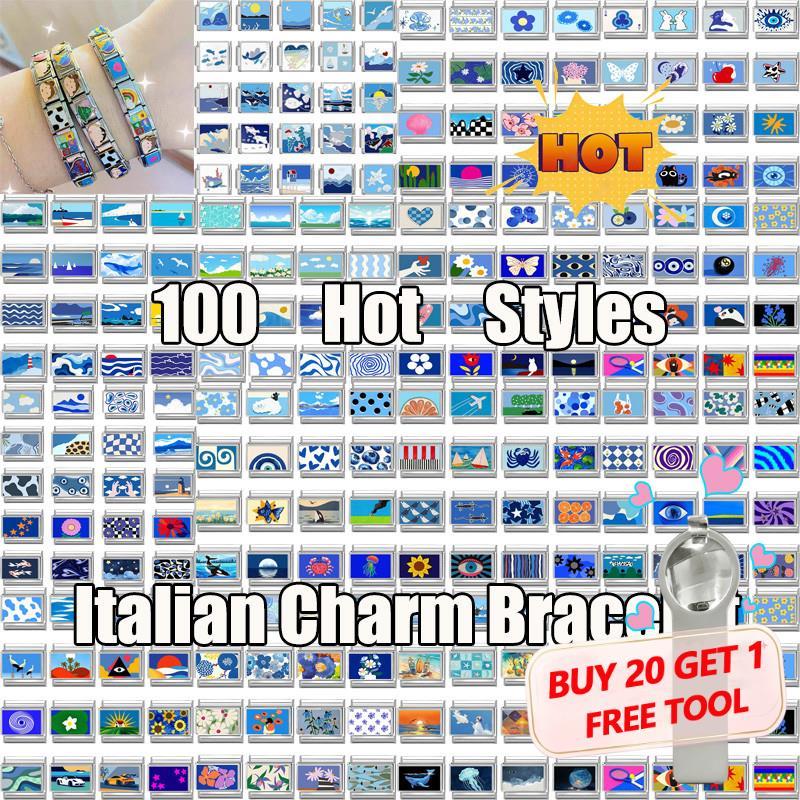 สร้อยข้อมือสแตนเลส Y2K สีฟ้าดอกไม้หัวใจ พร้อม charm links fit 9 มม. สำหรับทำเป็นของขวัญ