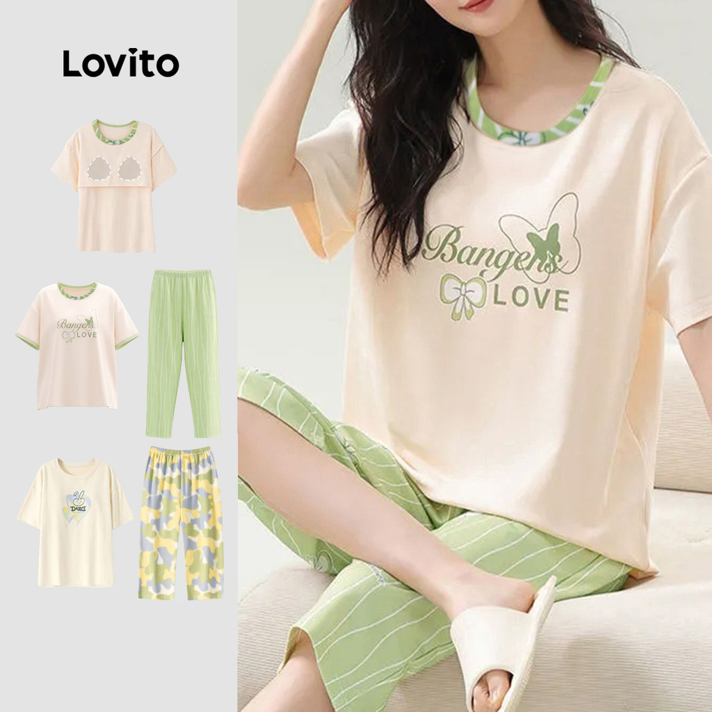 Lovito ชุดนอนคู่เซต2ชิ้นสไตล์คาสนวล มีแผ่นรองหน้าอก ใส่ประจำวัน ฤดูใบไม้ผลิ-ฤดูร้อน สำหรับผู้หญิง LN