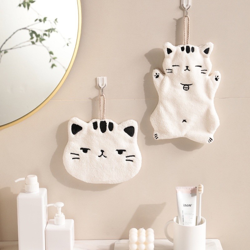 Absorb Water Cute Cat Hand Towel Bathroom Kitchen Hanging Towel No Lint Coral Fleece Hand Towel Smal