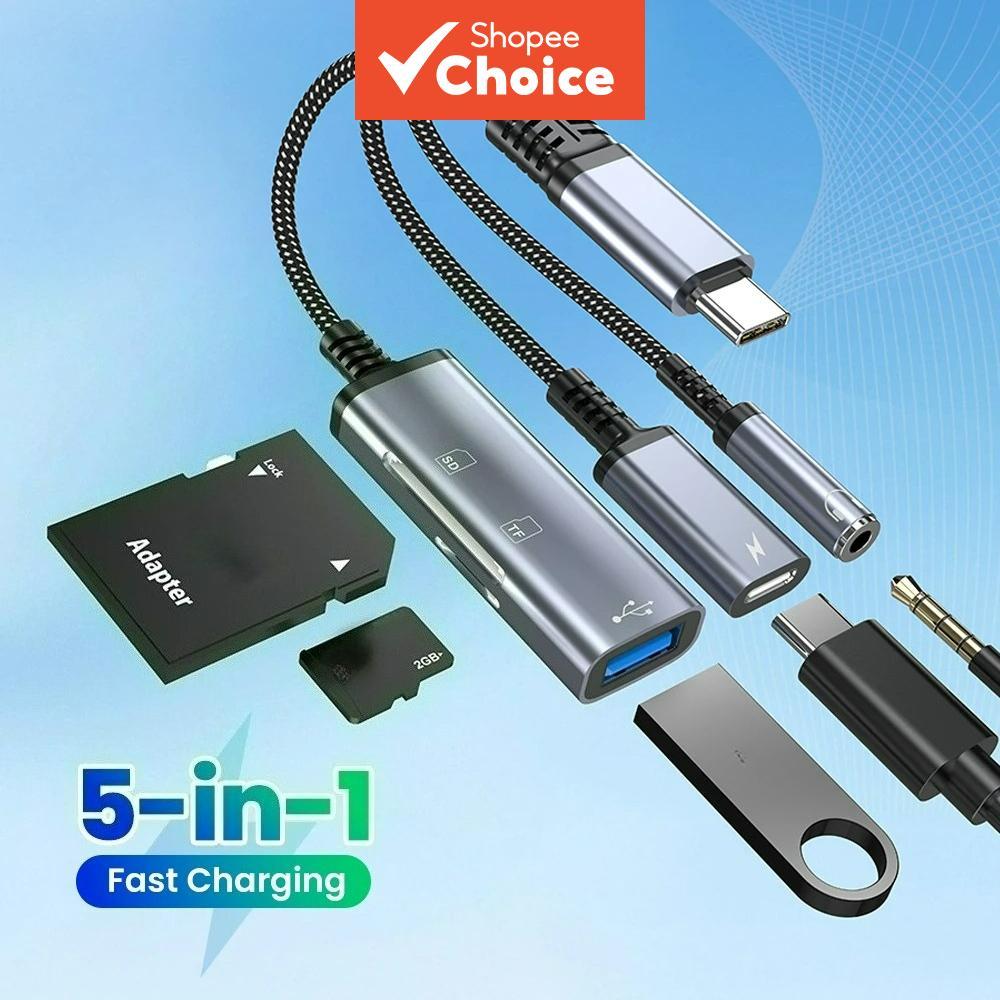 อะแดปเตอร์ 5-in-1 พอร์ต Type-C ชาร์จเร็ว USB C เป็น 3.5 มม./Type C/USB/SD/เครื่องอ่านการ์ด TF ตัวเชื่อมต่อ อุปกรณ์เสริม