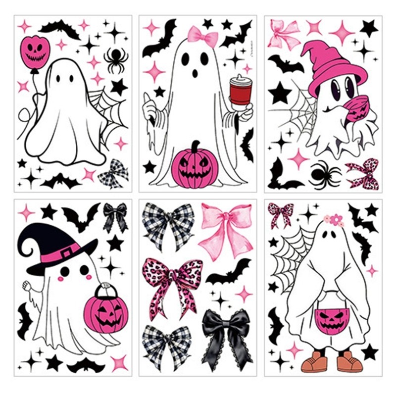 YU Halloween Window Clings 6-Sheep PVC Collection สีชมพู Phantoms Pumpkins Bats Candy Ribbon Motives