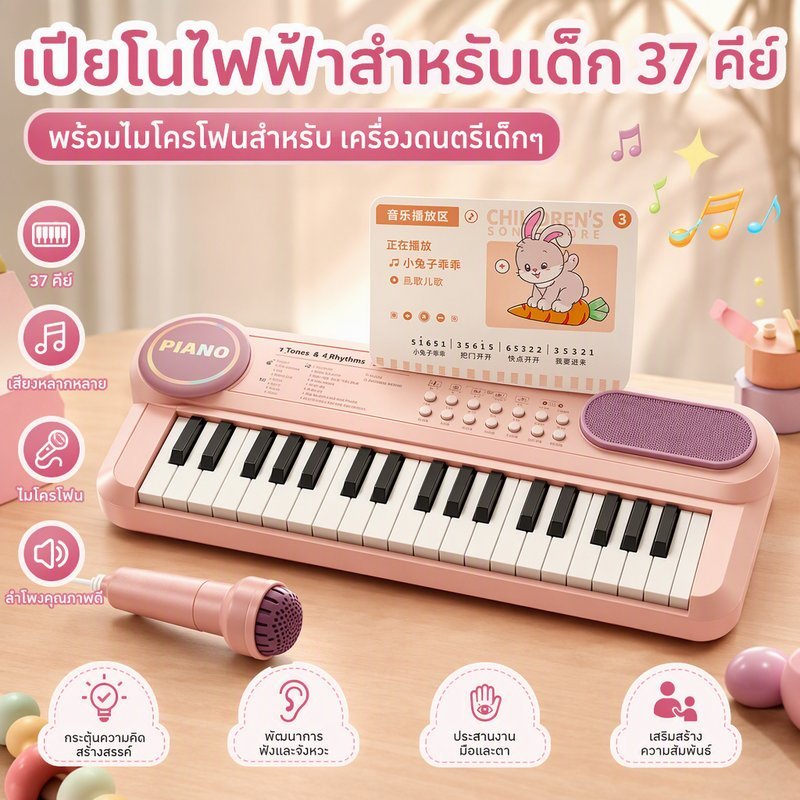 เปียโนไฟฟ้าสำหรับเด็ก 37คีย์ คีย์บอร์ดเด็ก พร้อมไมโครโฟนสำหรับ เครื่องดนตรีเด็กๆ พัฒนาแนวโน้มทางดนตรี