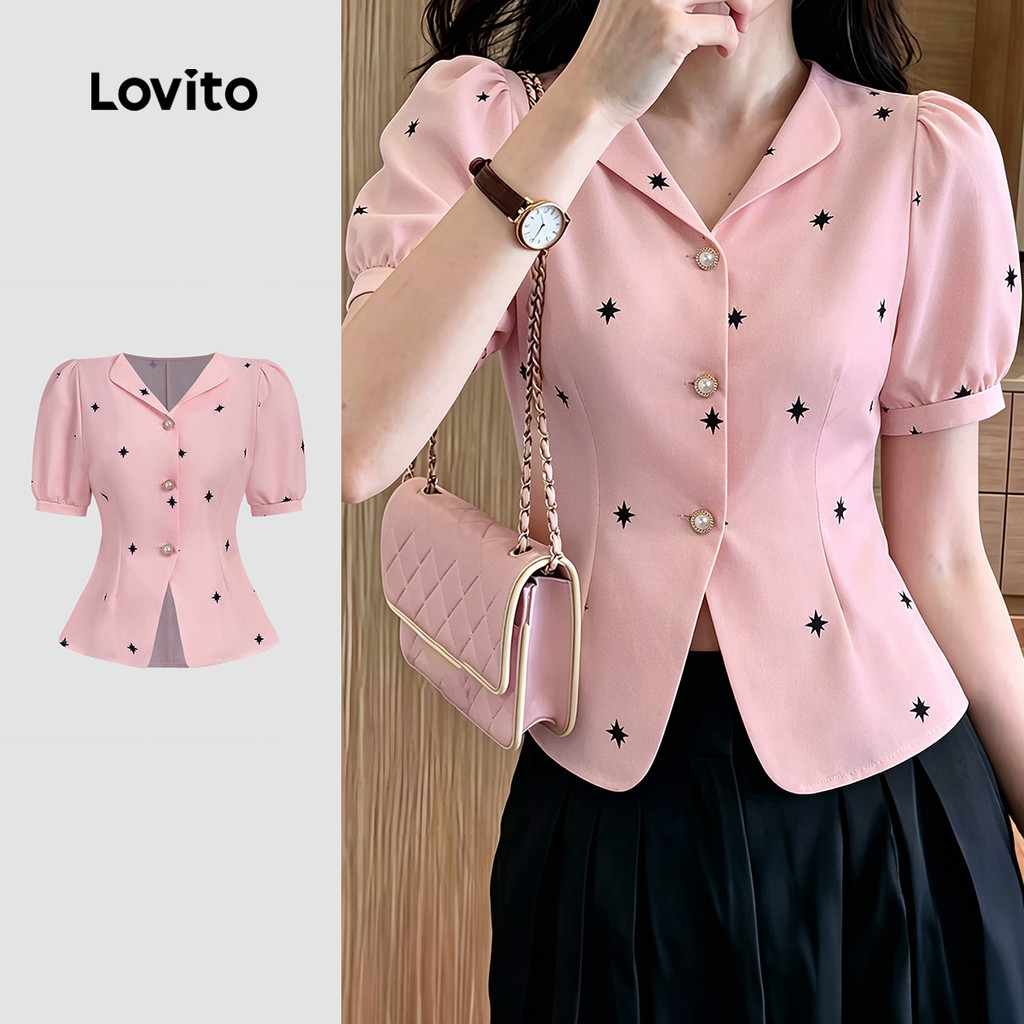 (New Arrival) Lovito เสื้อเชิ้ตผู้หญิงสีชมพูอ่อน ลายกระดุม ดีไซน์สวย เหมาะสําหรับใส่ในฤดูใบไม้ผลิและฤดูร้อน L199ED129