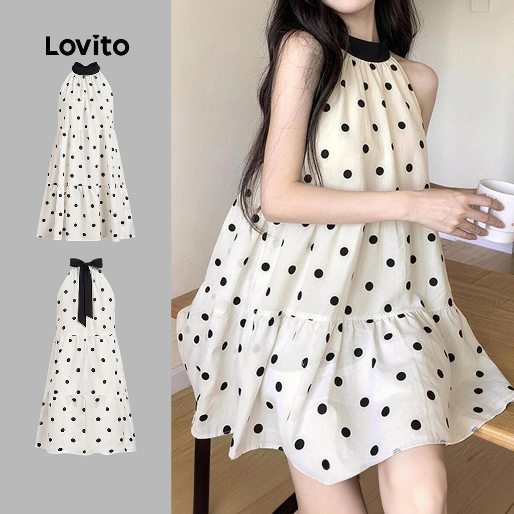 (New Arrival) Lovito เดรสลําลองสีบล็อกโบว์หลังผ้าเดรปสีขาวงาช้างสําหรับฤดูใบไม้ผลิและฤดูร้อนสําหรับผู้หญิง ประจำวัน L200AD191