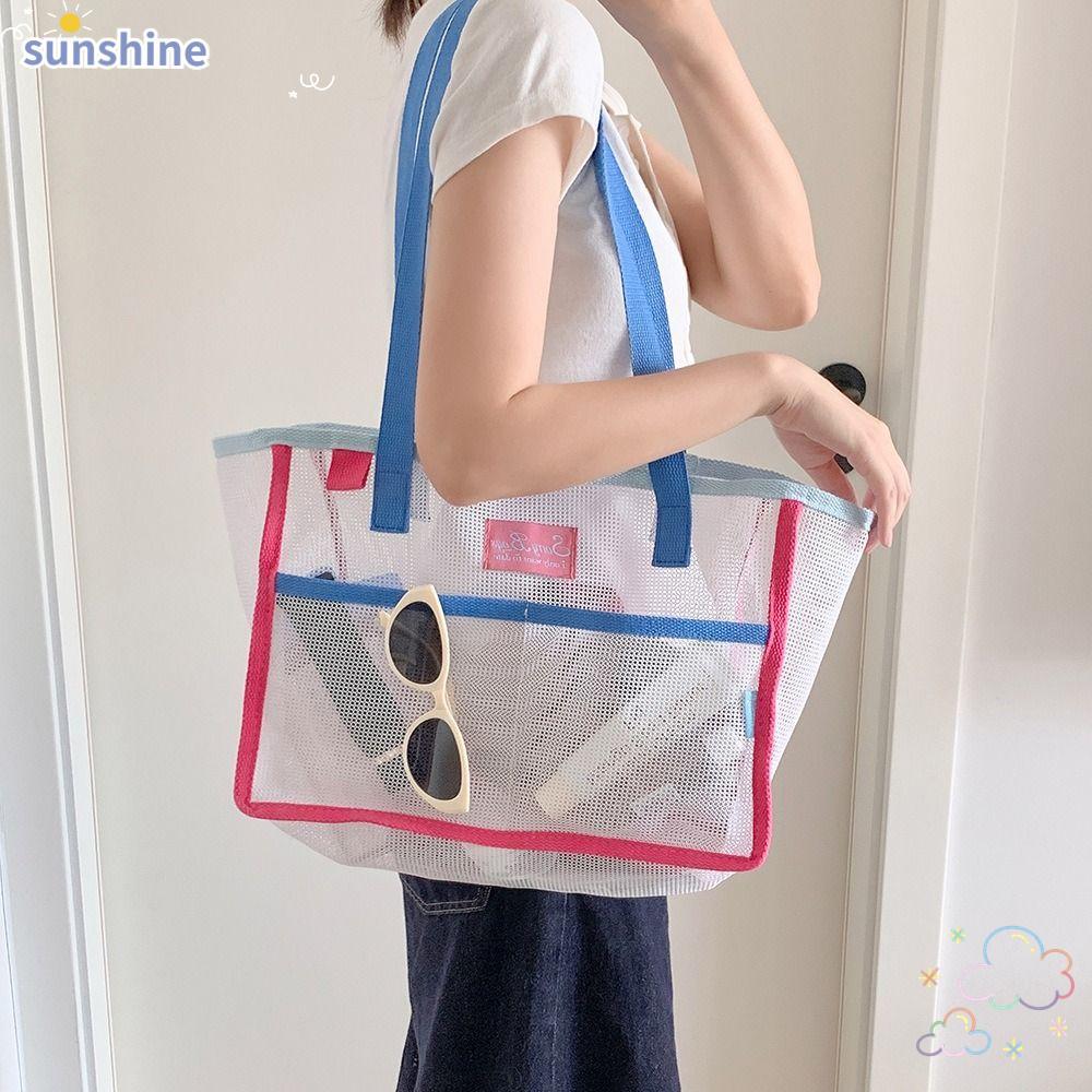 SSUNSHINE Beach Tote Bag, Mesh Breathable Mesh Beach Bag,Reusable Folding Large Capacity Swimming To