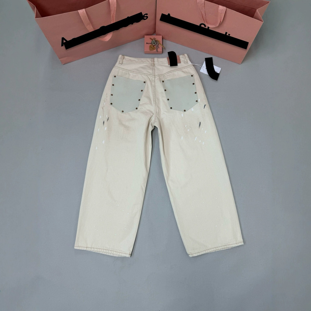 Ac Splash Ink Retro Leather Pocket 1981 Retro Loose Dirty Denim Wide-Leg Pants Pants Unisex