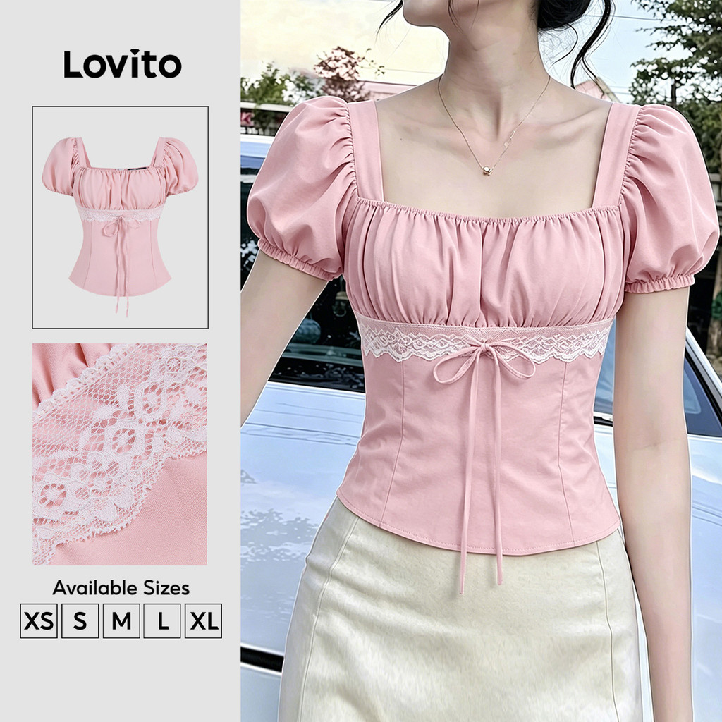 Lovito เสื้อลำลองสไตล์เกาหลี เย็บโบว์ มีซิป สีชมพู สำหรับผู้หญิง เหมาะสำหรับฤดูใบไม้ผลิ/ฤดูร้อน L195ED080