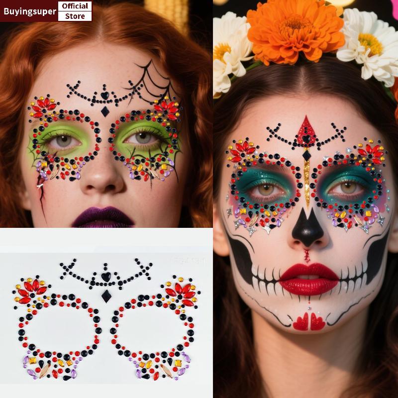 JOE ดอกไม้ที่มีสีสัน Skull Rhinestone Face Jewel สติกเกอร์กาวสําหรับ EDM เทศกาลคอสเพลย์แต่งหน้า LR