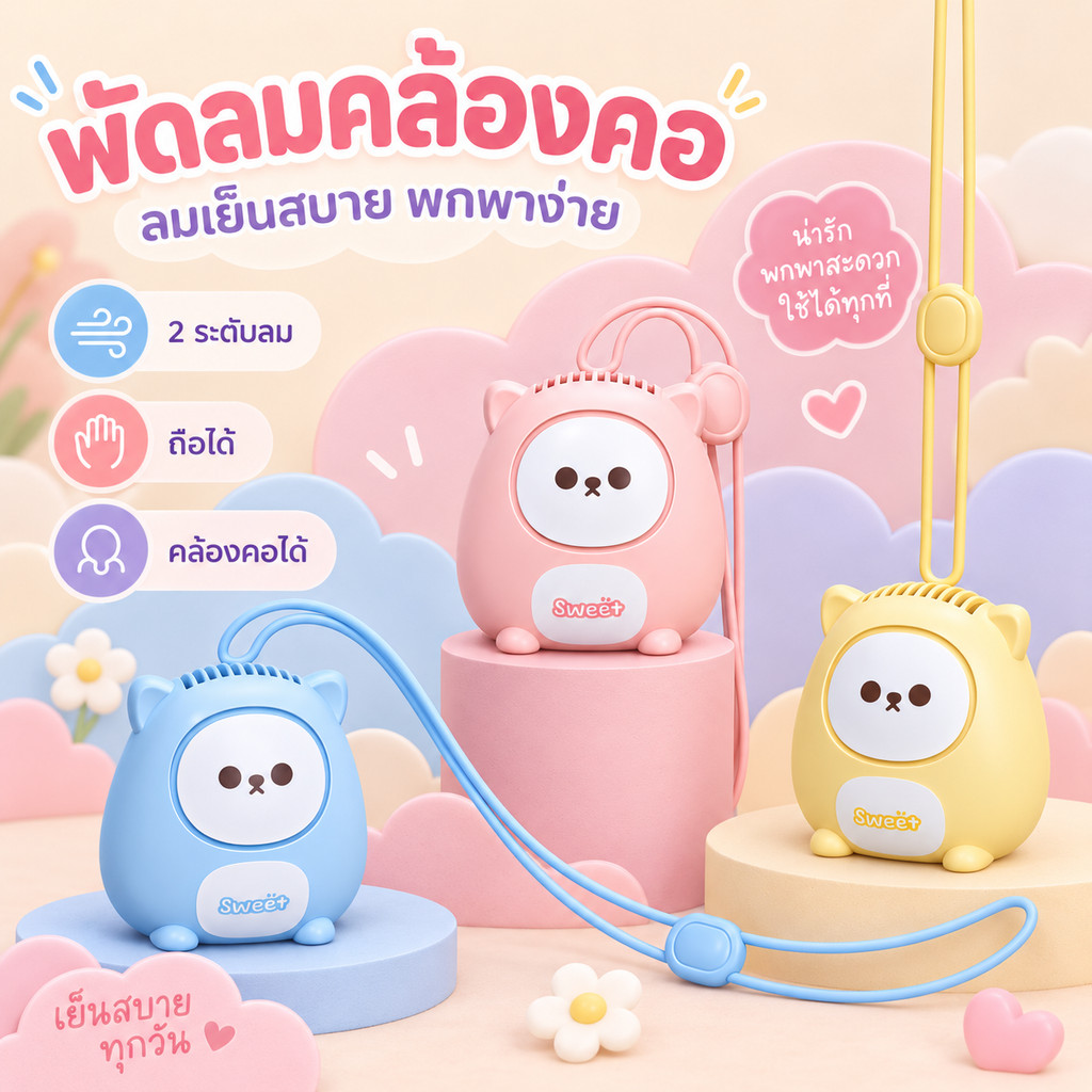 พร้อมส่ง！！พัดลมUSB ขนาดเล็ก แบบพกพา พร้อมเชือกคล้องคอ แบบชาร์จไฟได้ 360 °พัดลมระบายความร้อน หมุนได้ 
