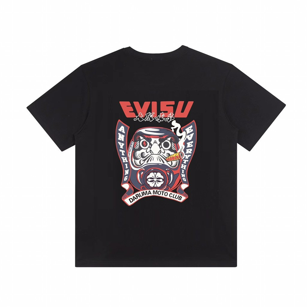 EVISU/God of Fortune/2026 คลาสสิกรอบคอแขนสั้นเสื้อยืดผู้ชายผู้หญิงสไตล์ใหม่ธุรกิจด้านในด้านหน้าไหล่ผ