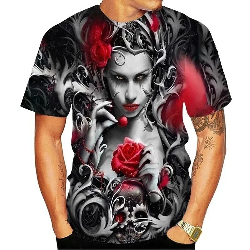 ขายร้อนMen 3D Skull Beauty Pattern เสื้อยืด, Y2K Harajuku Hip Hop ขนาดใหญ่ O-คอ Streetwear แขนสั้น