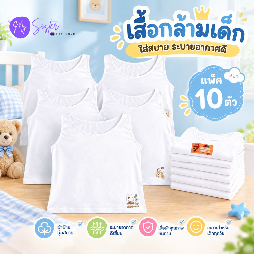 เสื้อกล้ามเด็กผู้หญิง ยกแพค 10 ตัว เสื้อซับในเด็ก ผ้าคอตตอน สีขาวล้วน