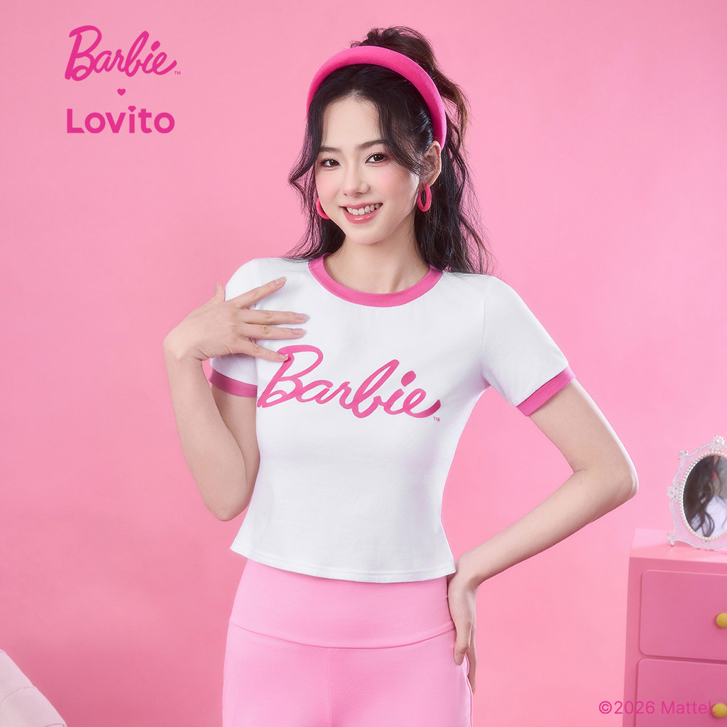 Barbie × Lovito تيشيرت نسائي أبيض ضيق — صورة 2