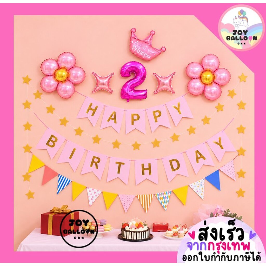 ชุดป้ายวันเกิด Happy Birthday เปลี่ยนตัวเลขได้ ป้ายวันเกิด ธงวันเกิด ลูกโป่งวันเกิด ลูกโป่งดอกไม้ โทนสีชมพู HBD Banner