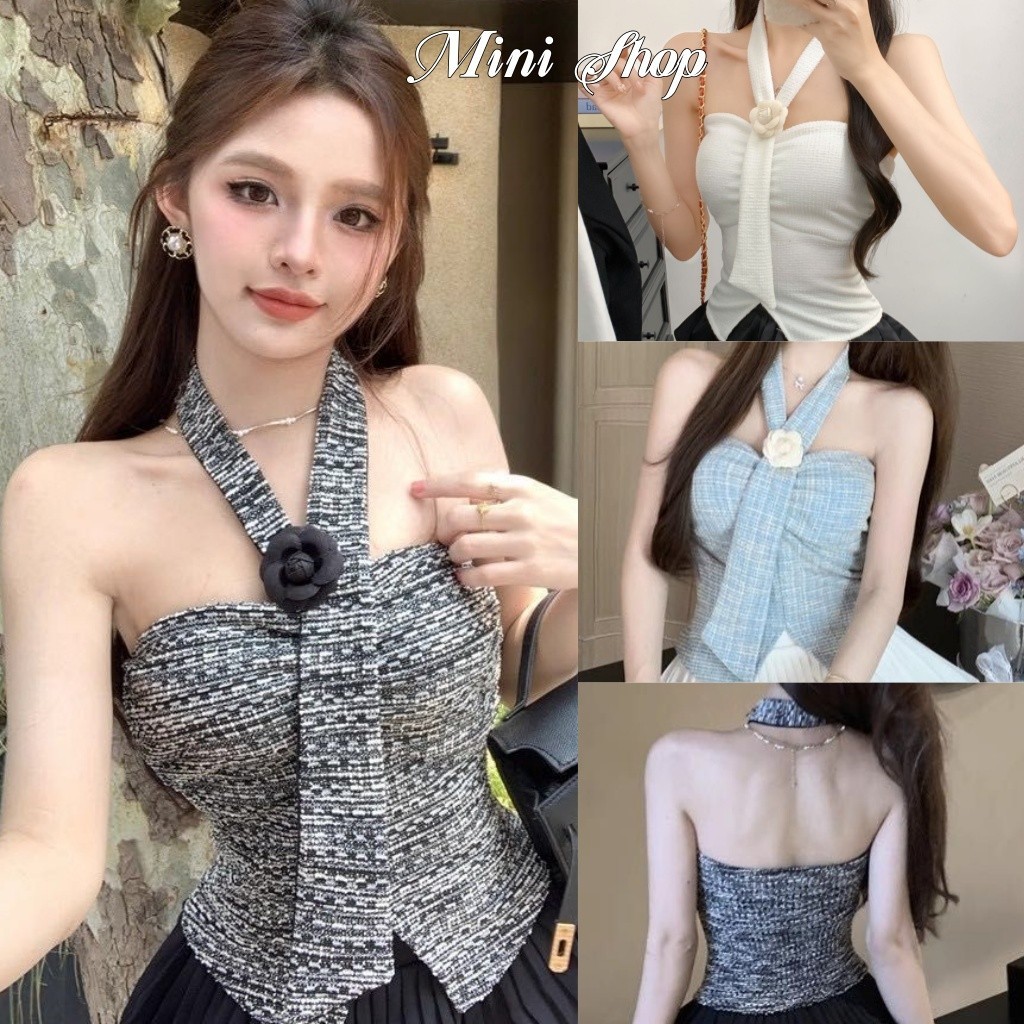 Mini shop🌸พร้อมส่ง🌸(FY10101) เสื้อเกาะอก มีฟองน้ำ สีพื้น เพิ่มสายคล้องคอแต่งดอกไม้ เซ็กซี่ ใส่สบาย
