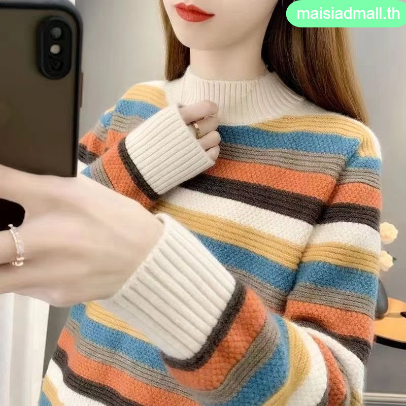 【พร้อมส่ง】MSD เสื้อสเวตเตอร์ลายทางครึ่งคอลายสไตล์เกาหลีสำหรับฤดูใบไม้ร่วงและฤดูหนาว ไซส์ใหญ่