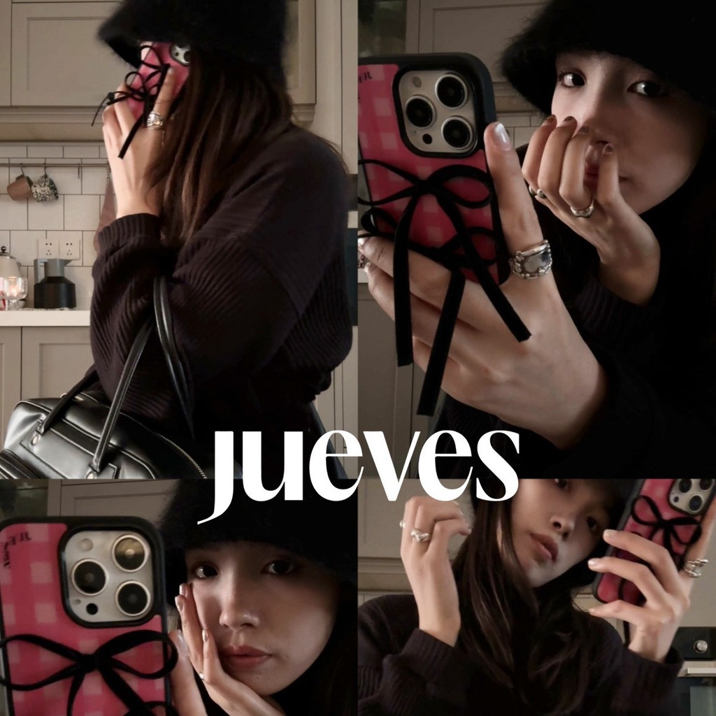 JUEVES พฤหัสบดี Pink Grid Black Velvet Strap Phone Case 15promax Bowknot 14pm Apple 15pro2025.10.10.