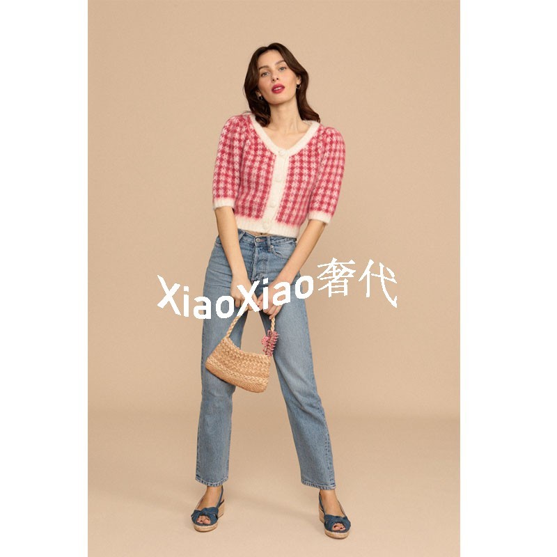 สเวตเตอร์แขนสั้นผู้หญิง ลายสก๊อต มีมอها IRCรอบคอด้วยขนMohair เหมาะสำหรับฤดูใบไม้ร่วง