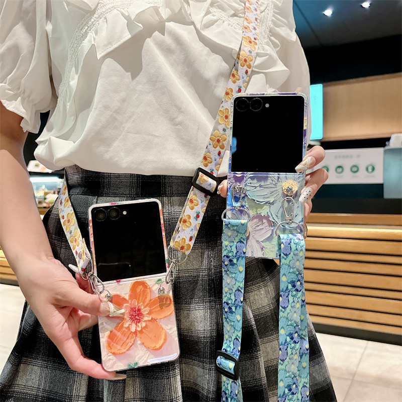ภาพวาดสีน้ํามันดอกไม้สร้อยคอ Lanyard สายคล้องเคสโทรศัพท์สําหรับ Samsung Galaxy Z Flip 7 FE 3 4 5 6 B