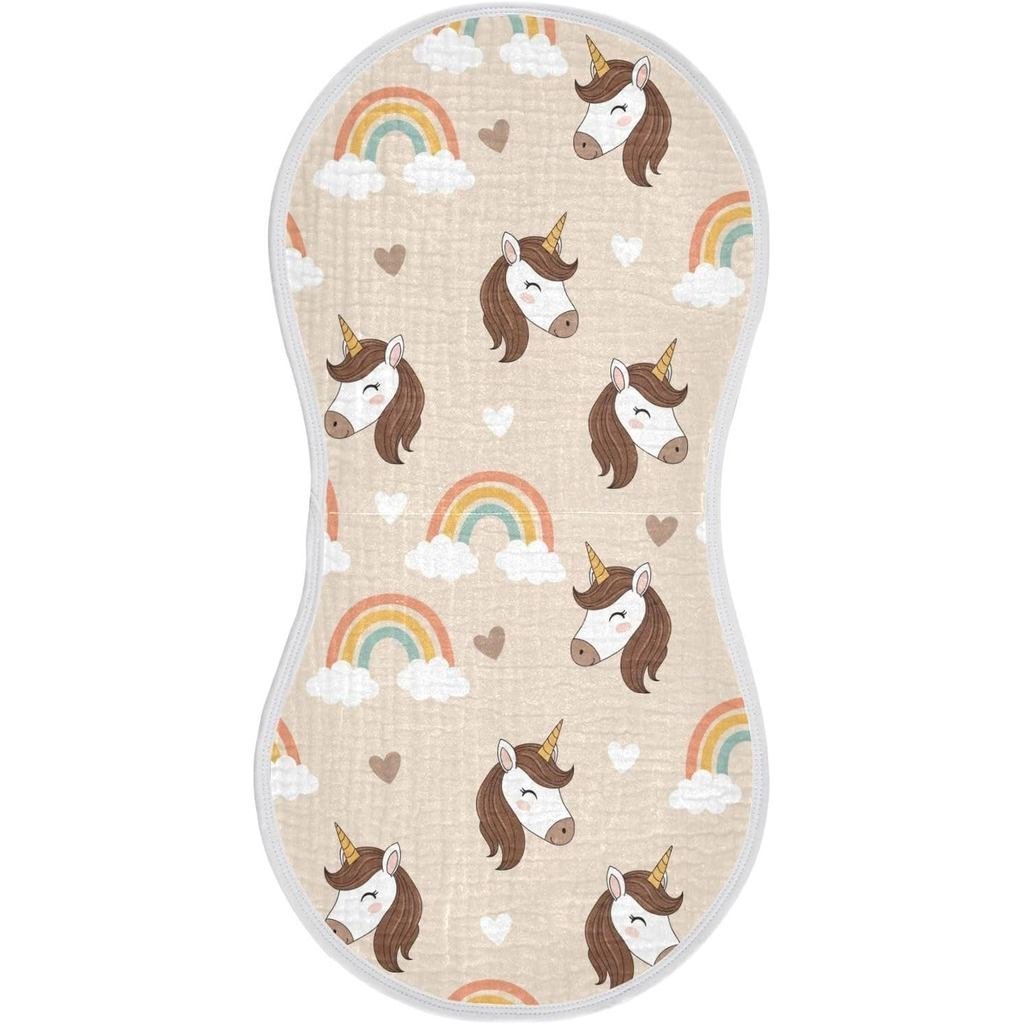 J JOYSAY Unicorn Hearts Rainbow Beige Baby Burp ผ้าสําหรับชายหญิงขนาดใหญ่ 22x11 ผ้าฝ้าย 4 ชั้นผ้า Dr