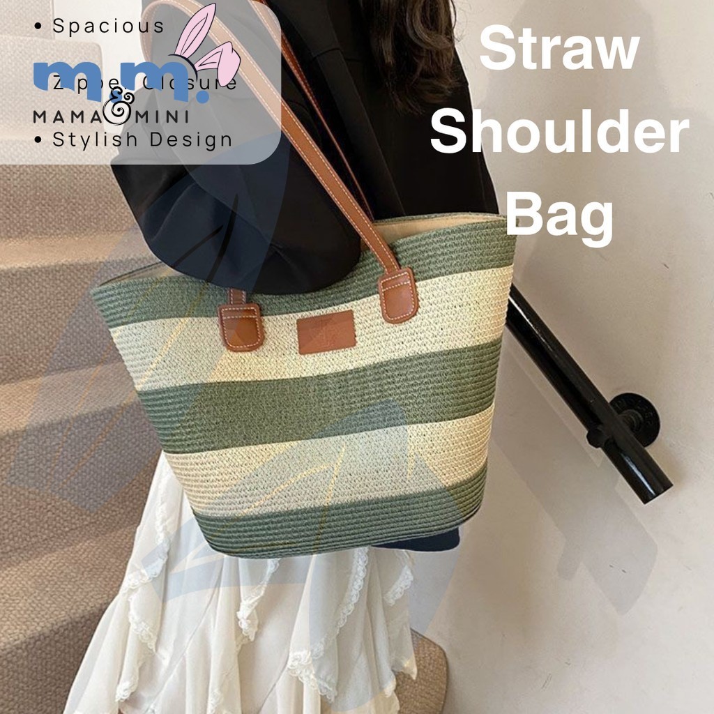 Manjaku <Mesra Alam> Beg Jerami Laut วันหยุดฤดูร้อนฟางกระเป๋าชายหาดลําลองสไตล์ Tote ไหล่กระเป๋าถือ C