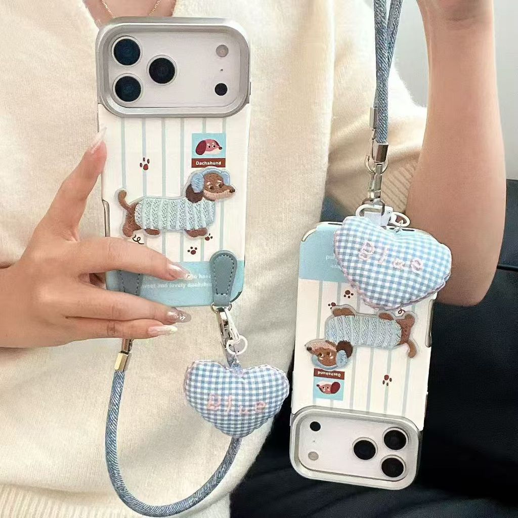 การ์ตูนลายยีนส์สามมิติเย็บปักถักร้อยสุนัข สายคล้องมือเคสโทรศัพท์ iPhone17 promax 16 15 14 13 12ผู้หญิงน่ารัก