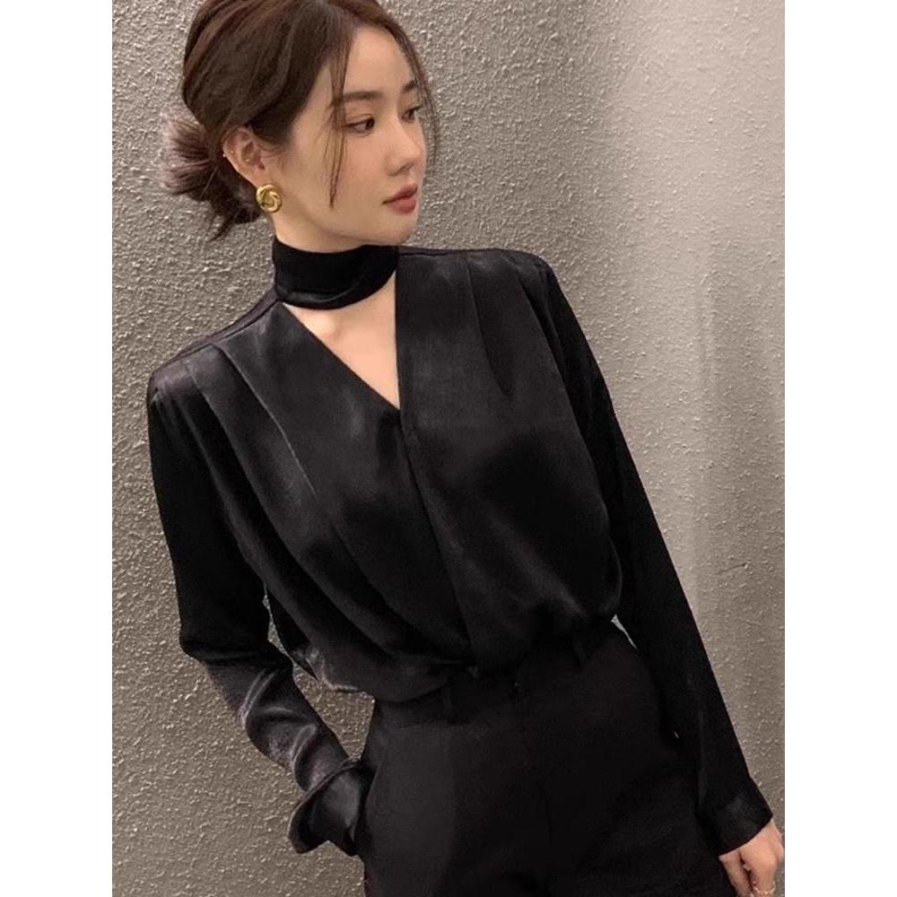 Chili Koko เสื้อเชิ้ตผ้าซาตินคอวีริบบิ้นคอฮอลเตอร์ เสื้อแขนยาวทรงหลวมใหม่สำหรับฤดูใบไม้ผลิและฤดูใบไม้ร่วง 99238 - รูปที่ 3