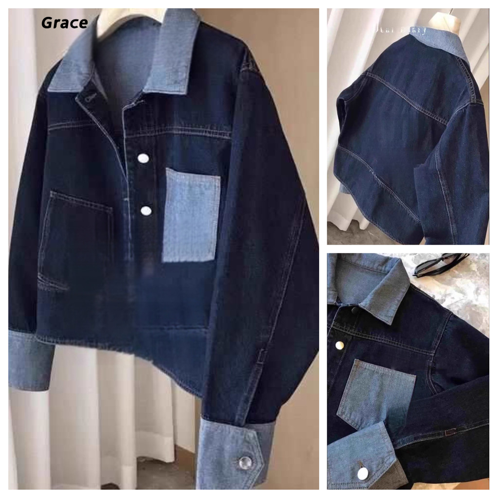[Grojoy] (คลังสินค้าพร้อม) เสื้อแจ็คเก็ตยีนส์สุภาพสตรีแฟชั่นปกสีตัดกัน GRL070 #