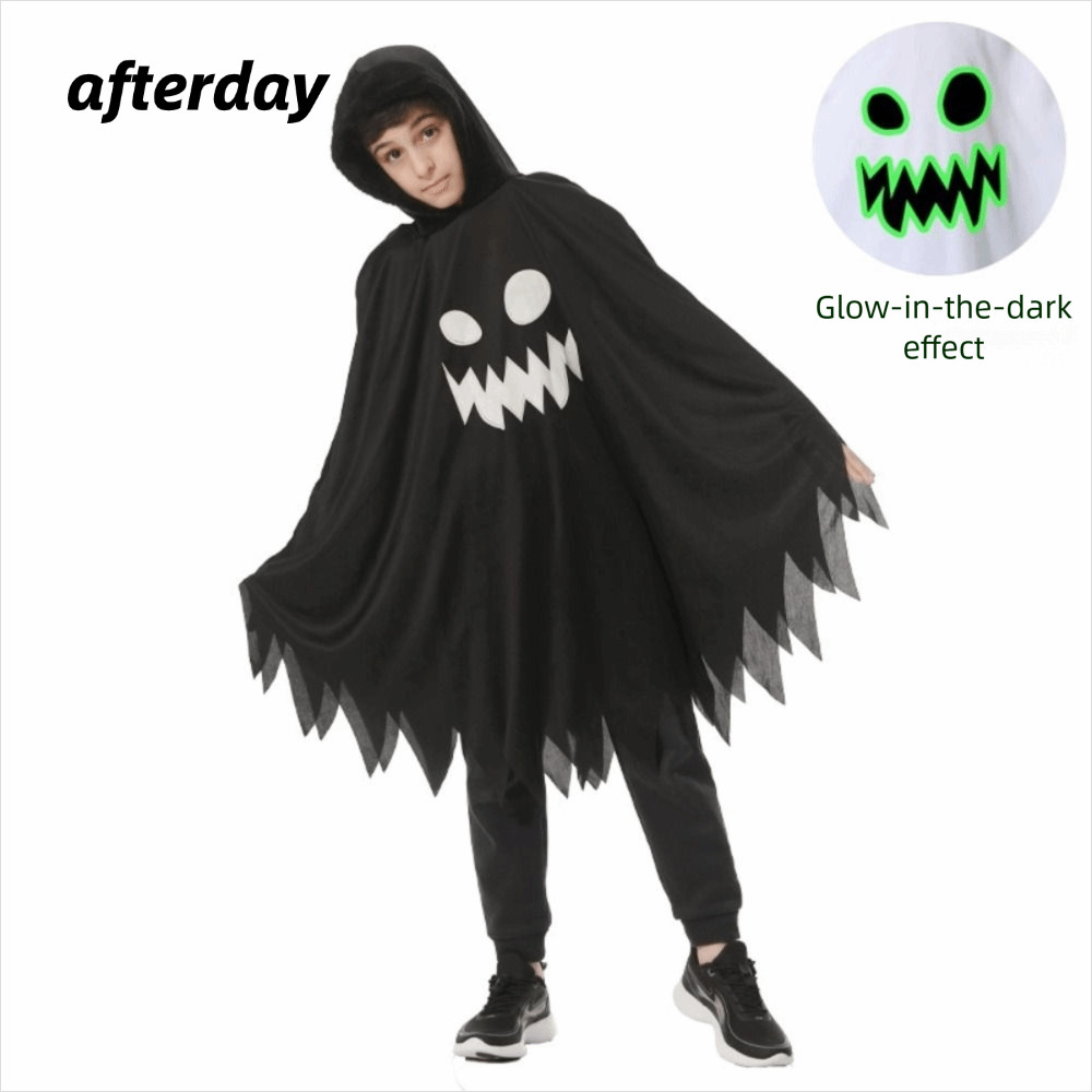 AFTERDAY568 ชุดฮาโลวีน, สีขาวสีดําเรืองแสงในที่มืด Ghost คอสเพลย์ Cape, ชุดเด็กแต่งตัว Cape ผ้าคลุมไ