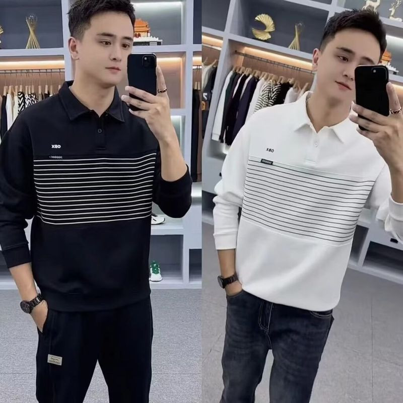 เสื้อโปโลแขนยาวสำหรับผู้ชาย สไตล์แฟชั่นหลวมๆ ใส่สบายในวันพักผ่อน