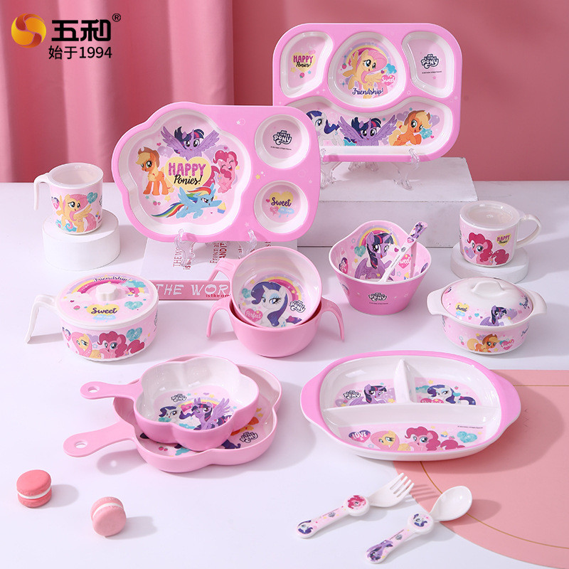 Hot Sale#My Little Pony Children's Tableware New Melamine Bowl Baby Food Bowl Cartoon Plate Shatterproof Divided Plate Handle Bowl10aa