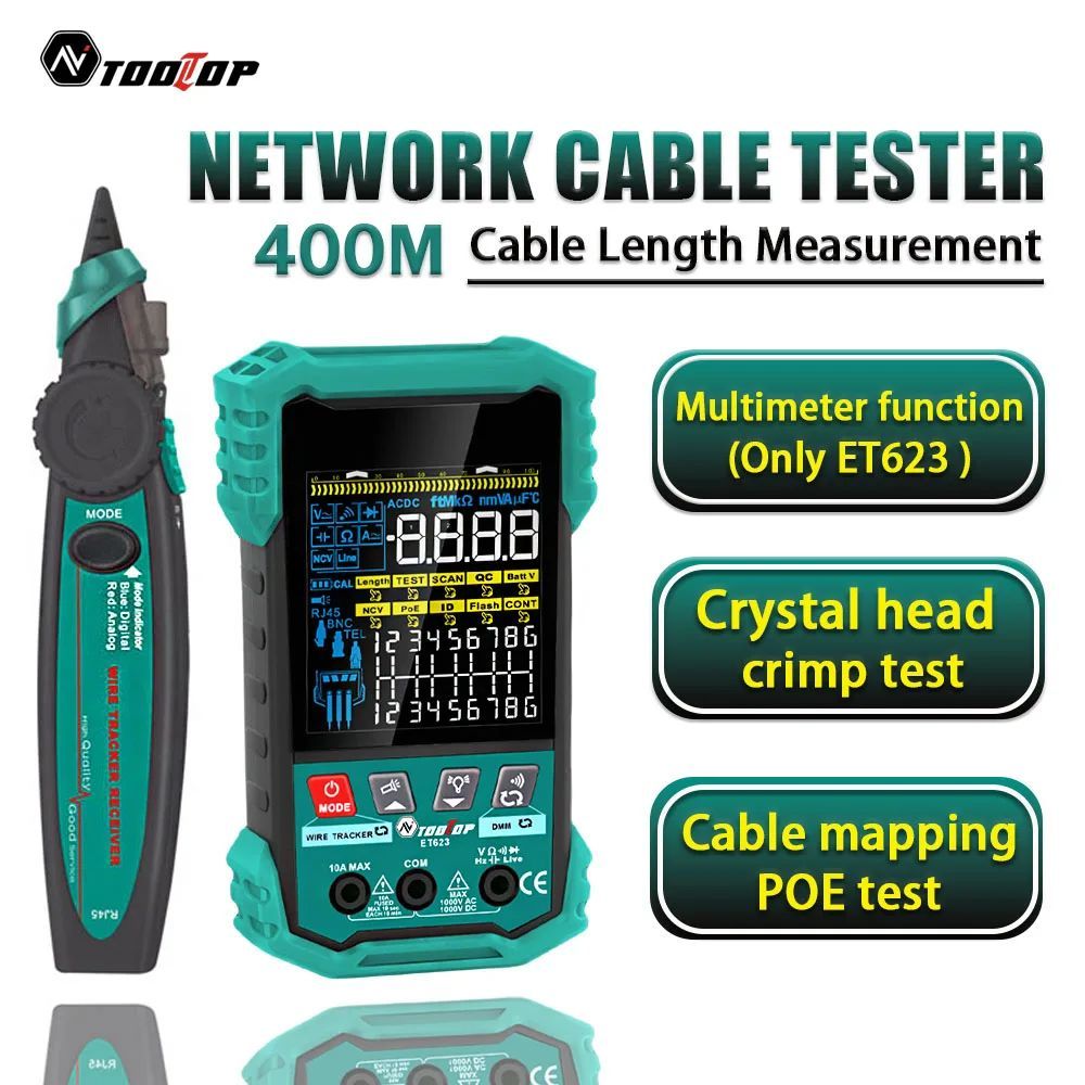 TOOLTOP เครื่องทดสอบสายเคเบิลเครือข่ายแบบพกพา LAN สาย Mapping เปิดข้ามวงจรสั้น POE Test ความยาว 400M