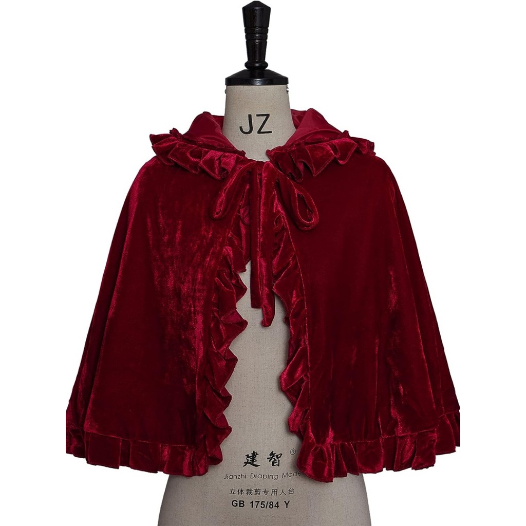 กํามะหยี่ผ้าคลุมไหล่อบอุ่นน่ารักโลลิต้าเสื้อคลุมด้านนอกฮาโลวีนเพราะหนูน้อยหมวกแดงฮู้ดเสื้อโค้ทสั้น