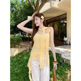 Aurora🛒พร้อมส่ง🚚 (รูปถ่ายจากงานจริง) เสื้อสายเดี่ยวผ้าซีฟอง สีเหลืองอ่อนสไตล์เกาหลีน่ารัก