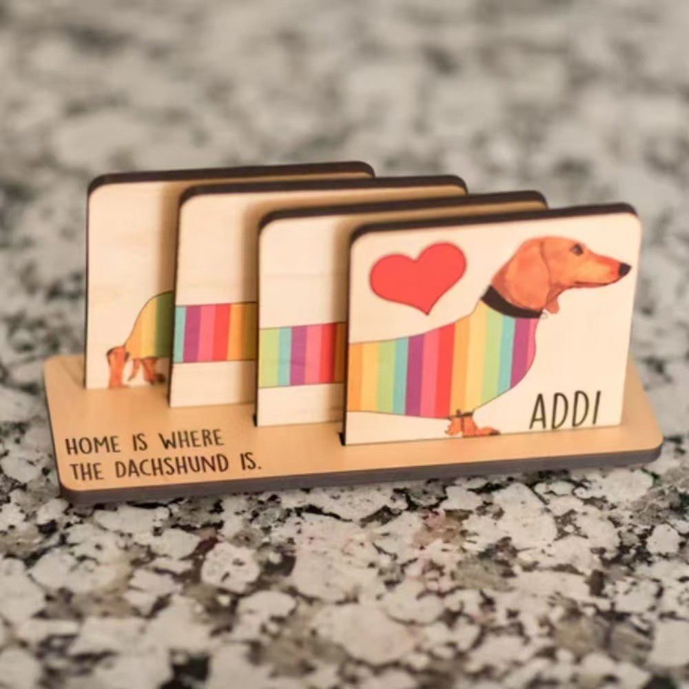 Creative Dachshund Wood Coasters Rainbow สีไส้กรอกสุนัขถ้วย, Anti-Scald Home Table Decor สําหรับถ้วย