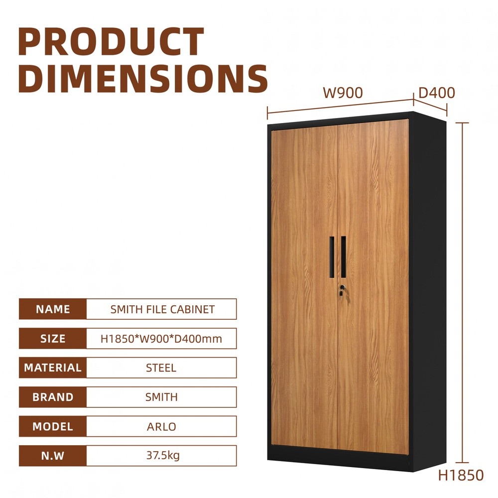 GlobalHouse SMITH  ตู้เหล็กเก็บเอกสาร บานทึบ รุ่น Archie-01ขนาด 40x90x185 ซม. สีไม้-ดำ สินค้าของแท้คุณภาพดี